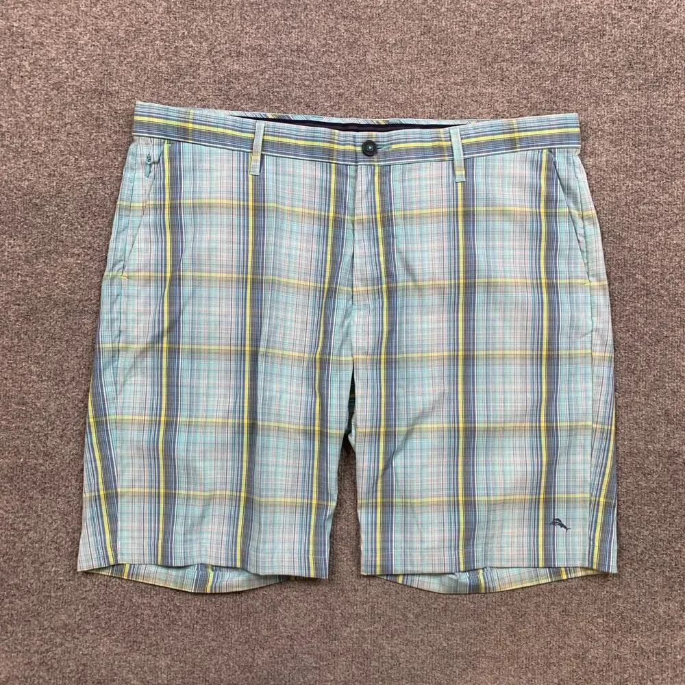 Tommy Bahama Shorts Mens 40 Sea Glass Plaid Flat Front Lightweight Performance